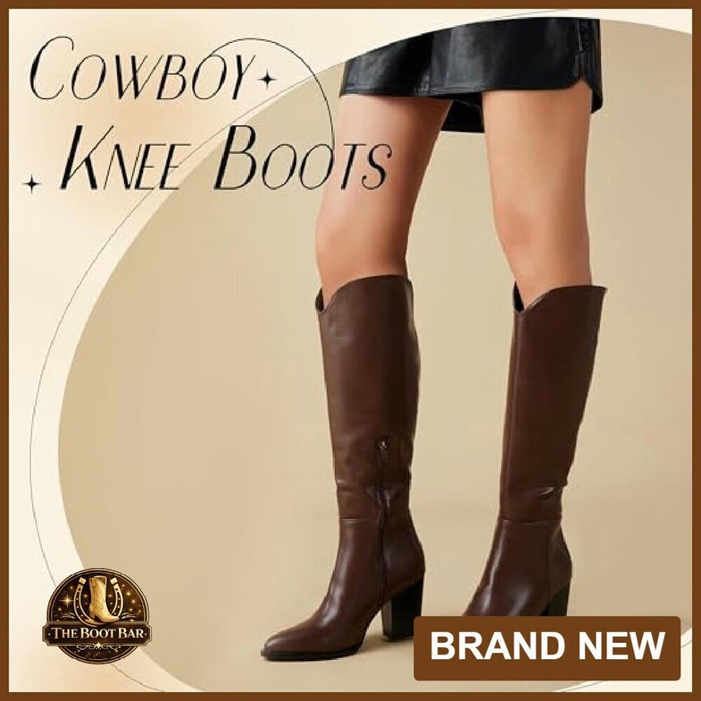 Knee High Boots Faux Leather Pointed Toe Chunky Heel Western Style - Picture 4 of 8